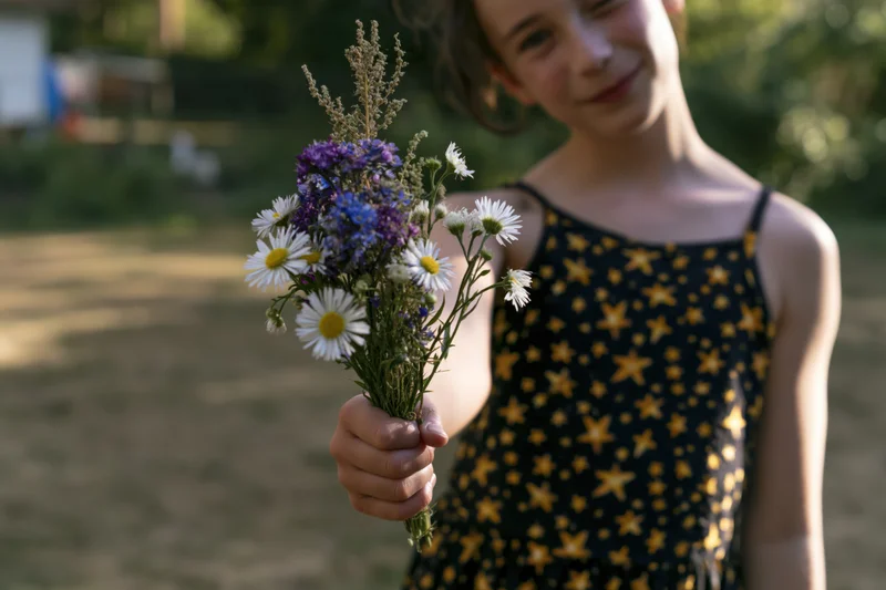 Girl holding a bouquet of wildflowers in a sunlit garden