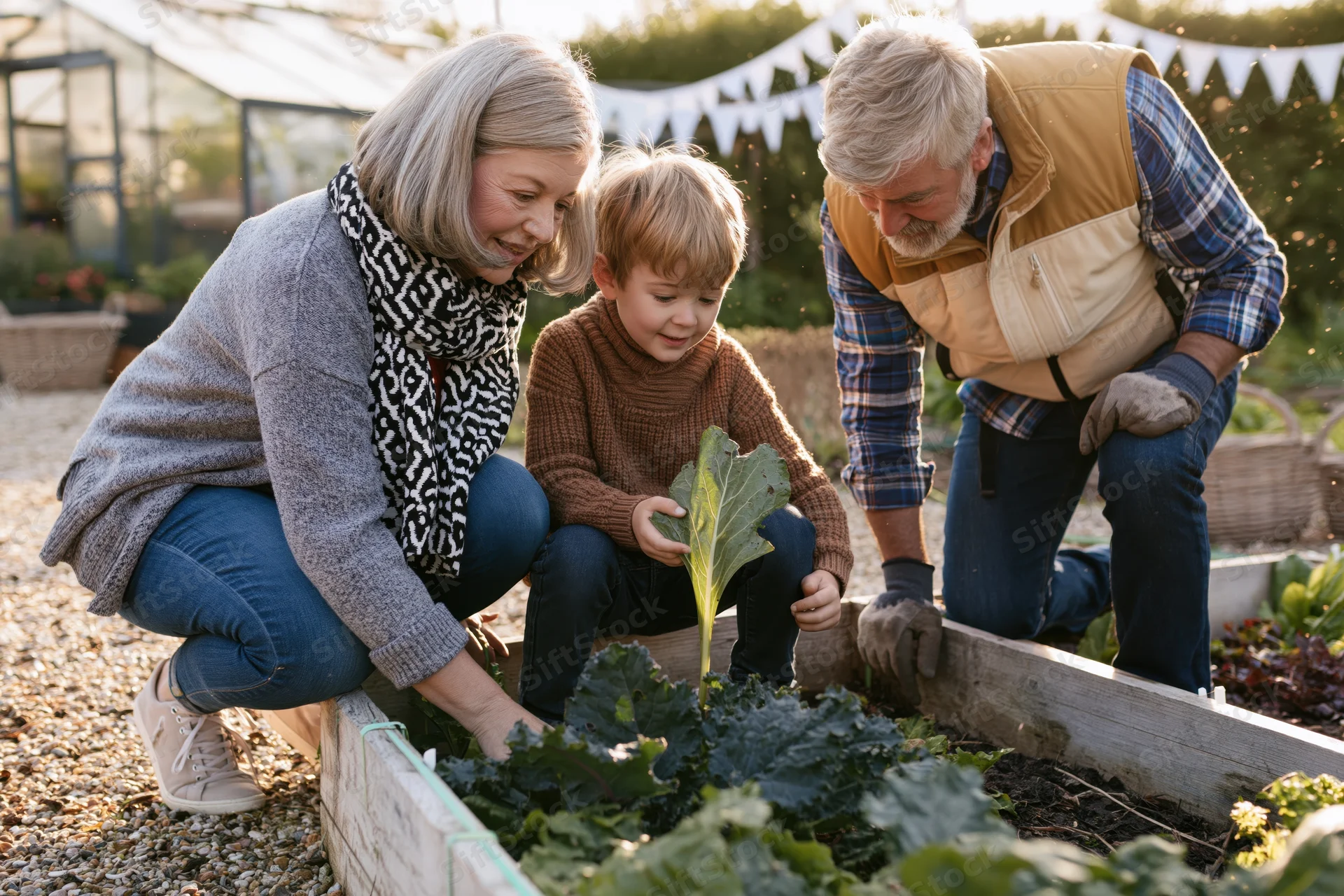 Grandparents and young boy tending kale in a raised garden bed outdoors