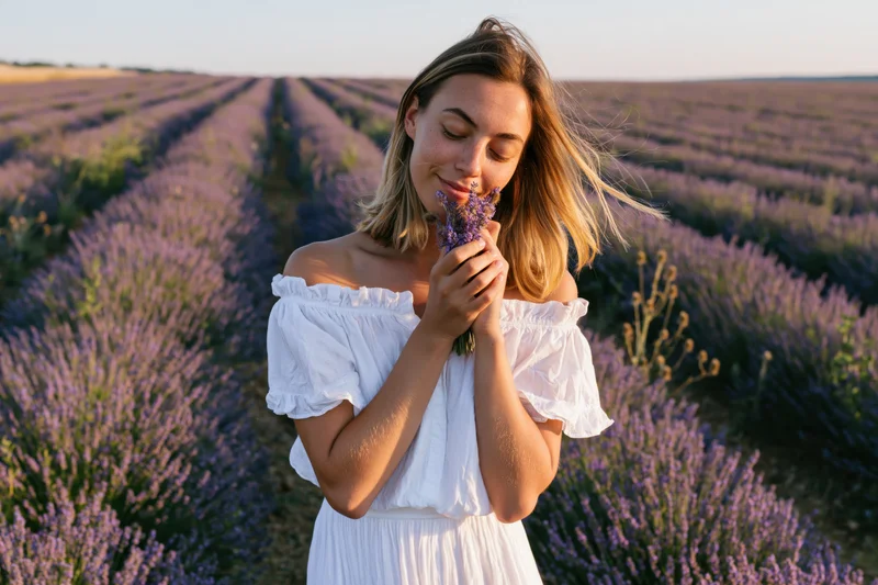 Young woman smiling while holding lavender in a field of blooming rows during golden hour