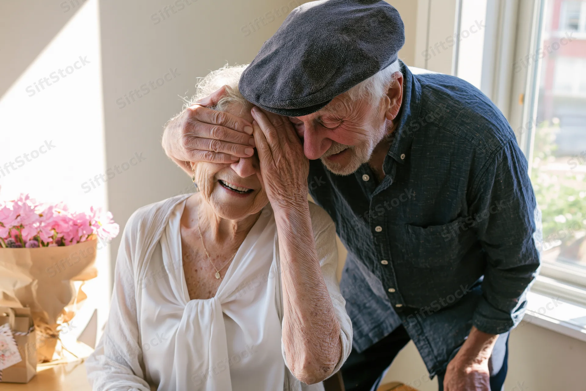 Elderly couple sharing a joyful surprise moment at dining table by window