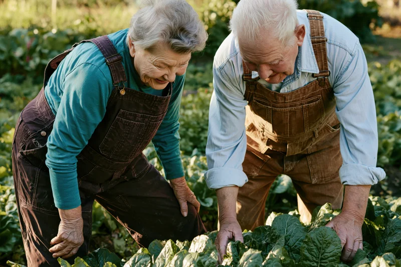 Elderly couple tending leafy vegetables in a garden
