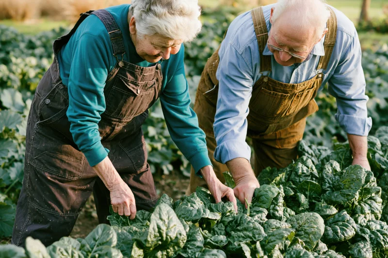 Elderly couple inspecting spinach plants in a farm field
