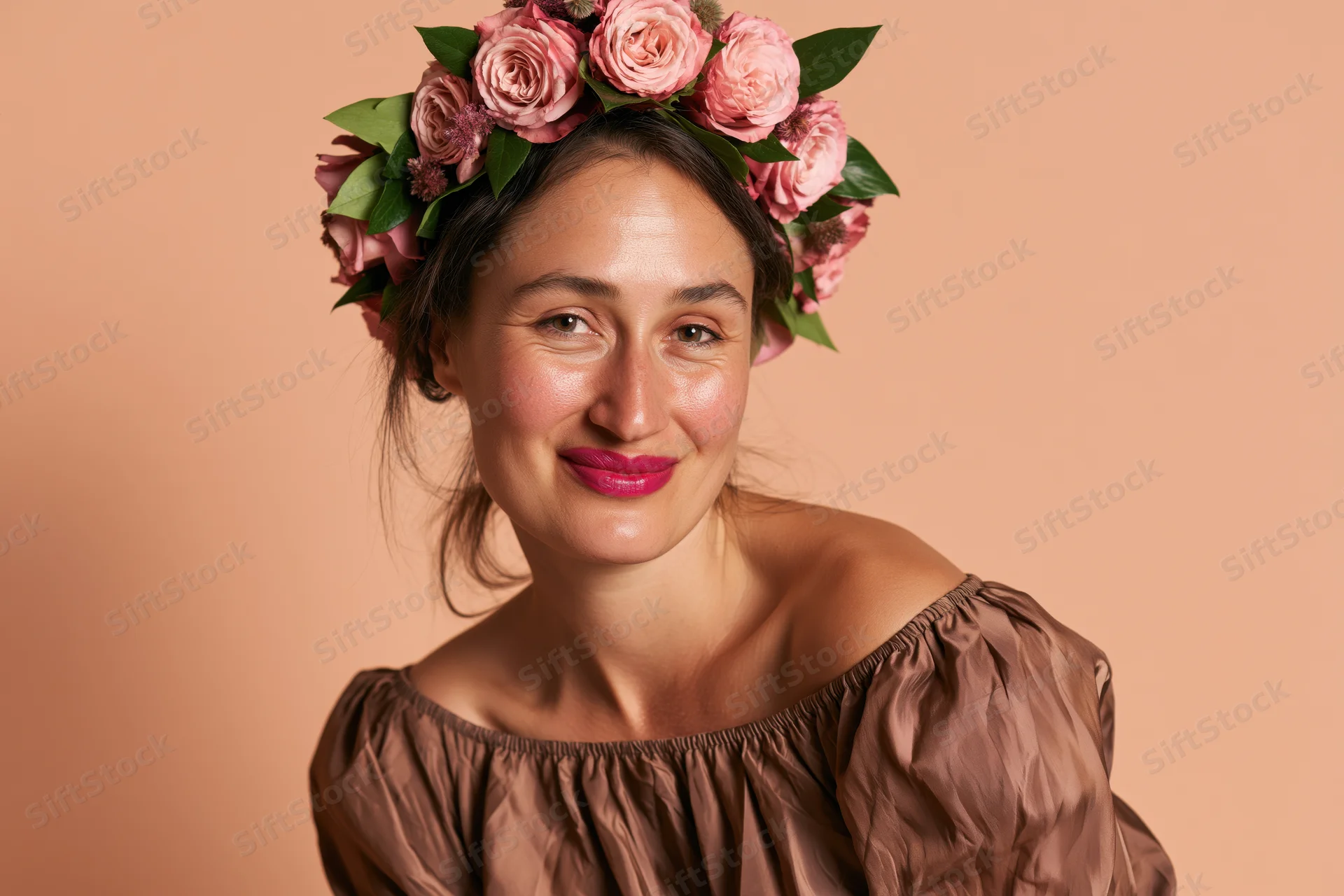 Woman wearing floral crown of pink roses and green leaves, smiling in studio portrait with off-shoulder dress