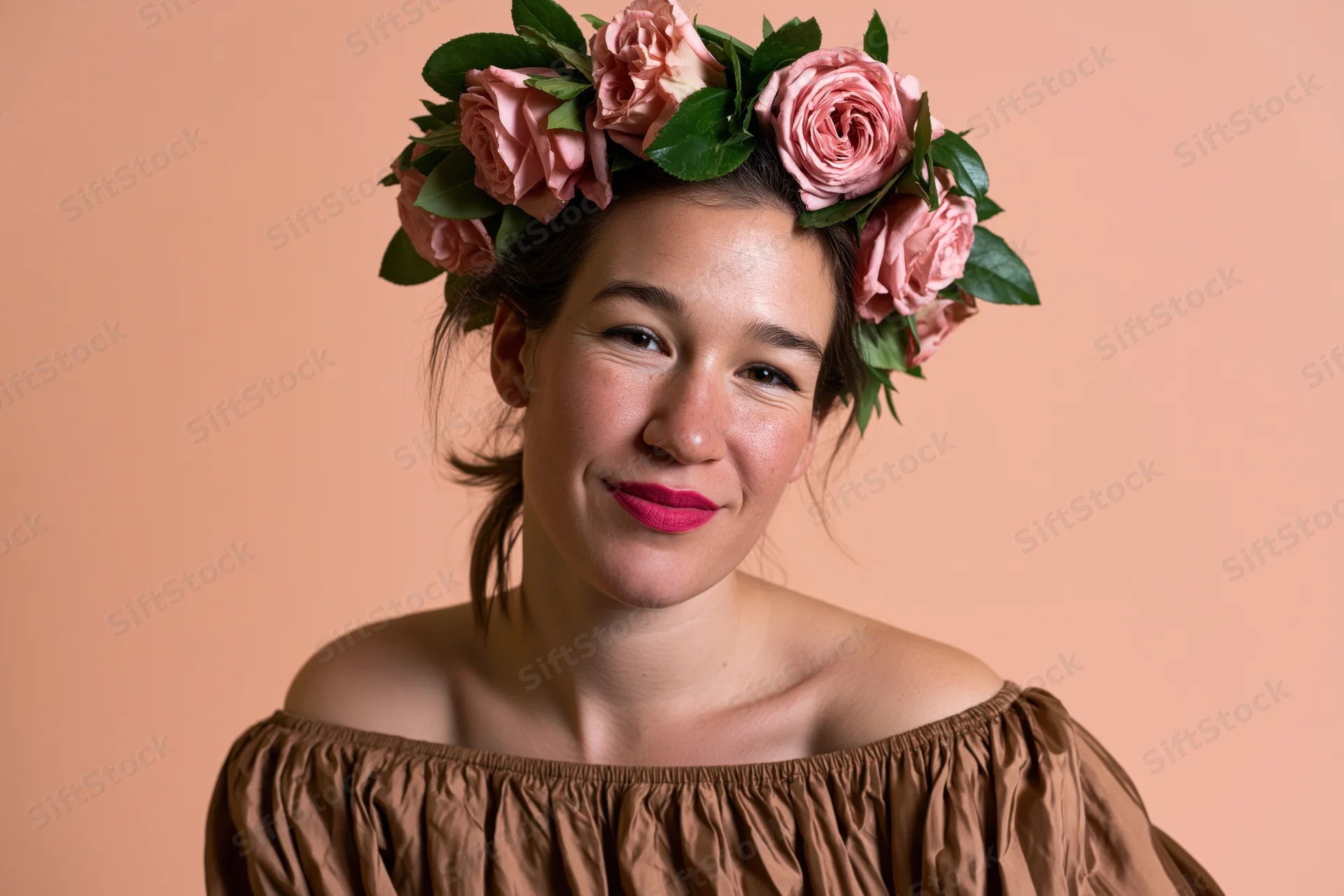 Young woman smiling with floral crown of pink roses and green leaves, wearing off-shoulder brown top against peach background