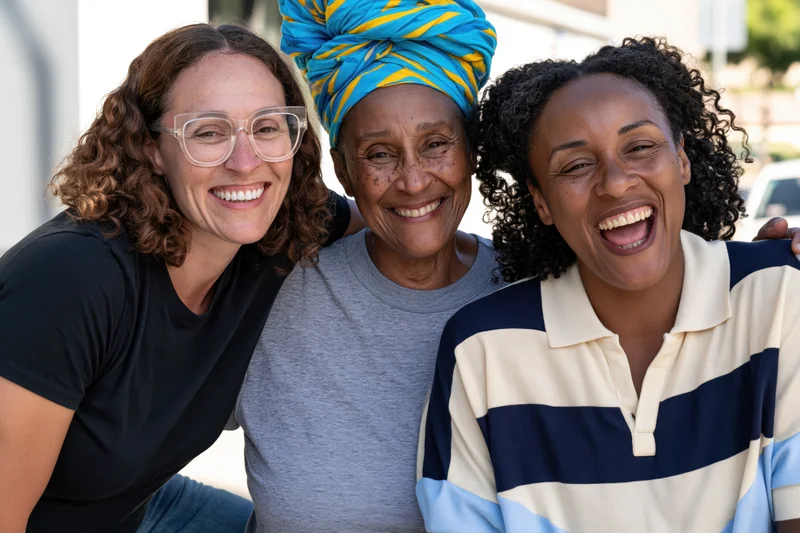 Three women smiling and laughing together outdoors in a close group portrait