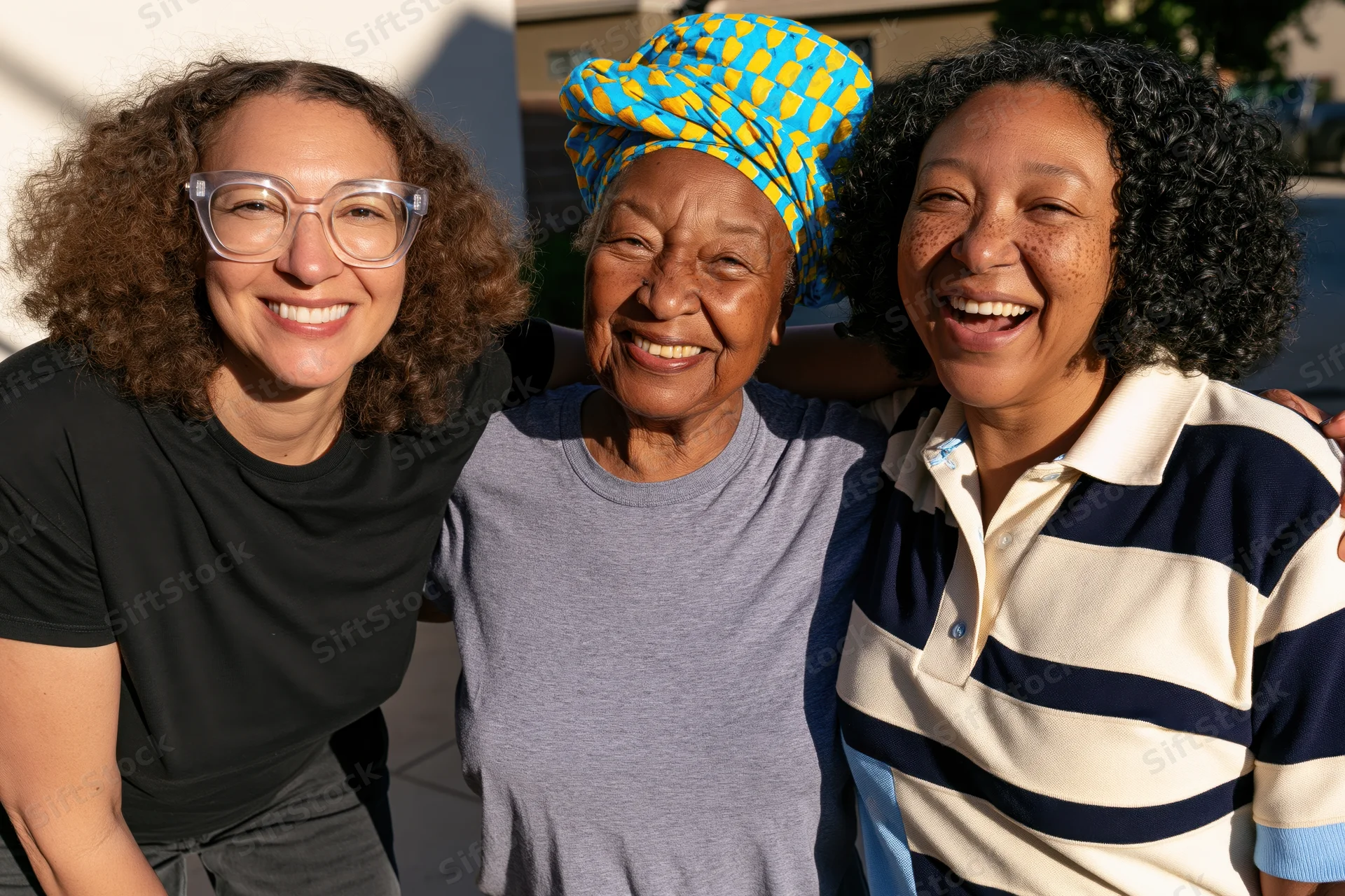 Three women smiling together outdoors with arms around each other in a candid moment