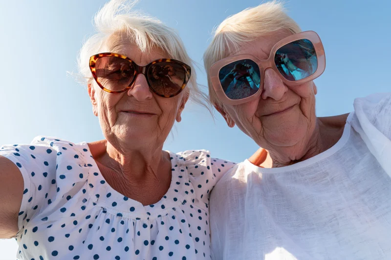 Two senior women taking a selfie outdoors wearing sunglasses and smiling
