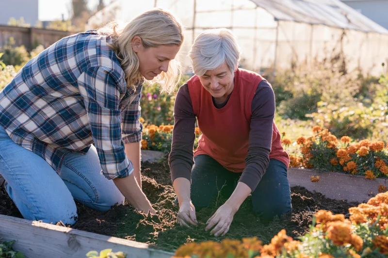 Two women planting flowers in a raised garden bed outdoors