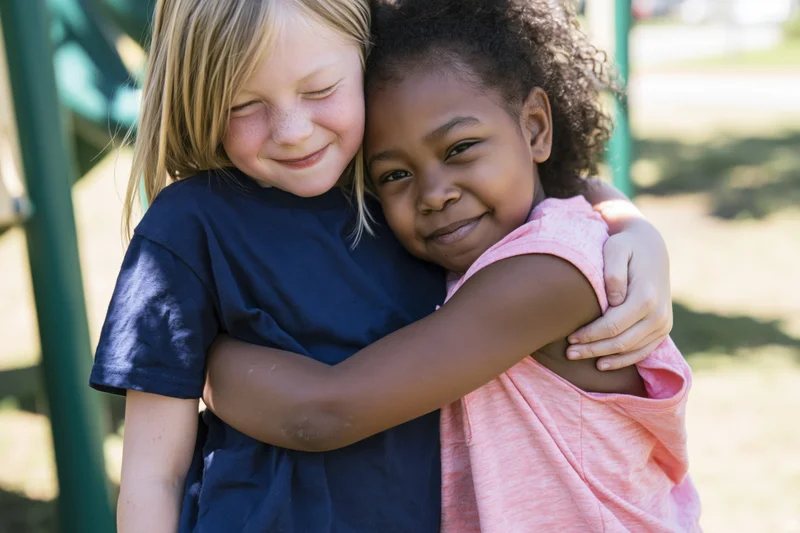 Two young girls hugging in a playground outdoors