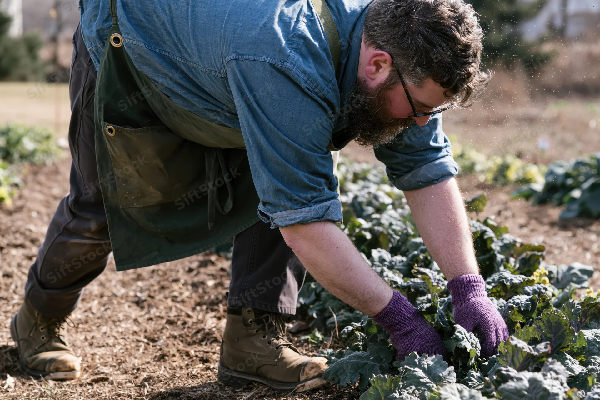 Man tending kale plants in a garden field wearing apron and gloves