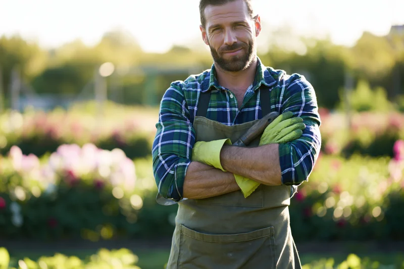 Smiling man in apron and gloves holding trowel with arms crossed in garden