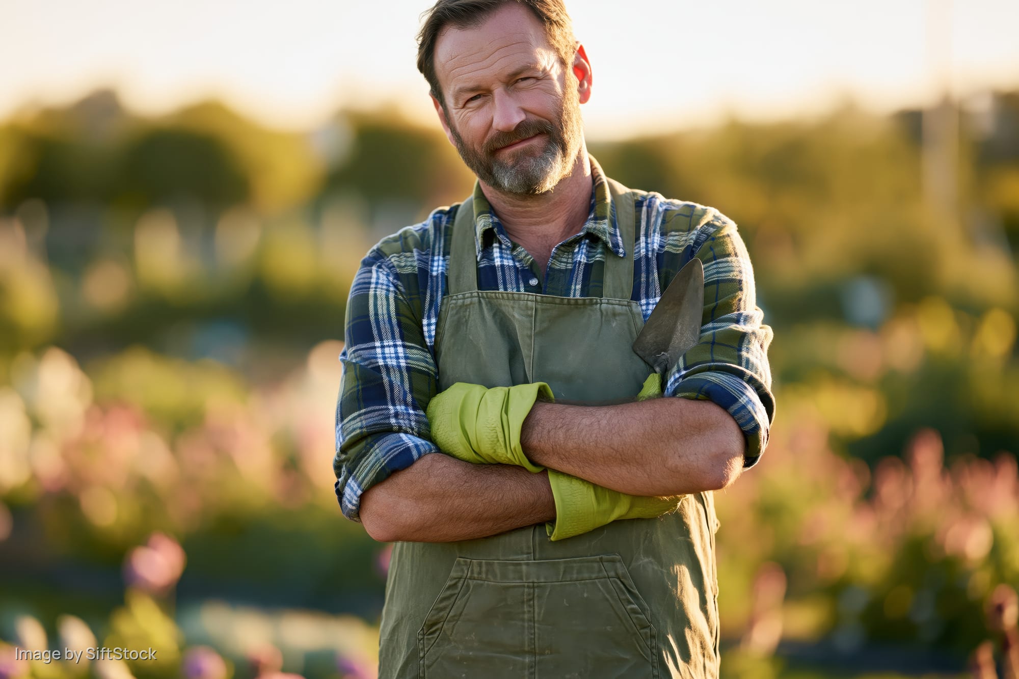 Smiling man in green apron and gloves holding trowel with arms crossed in garden