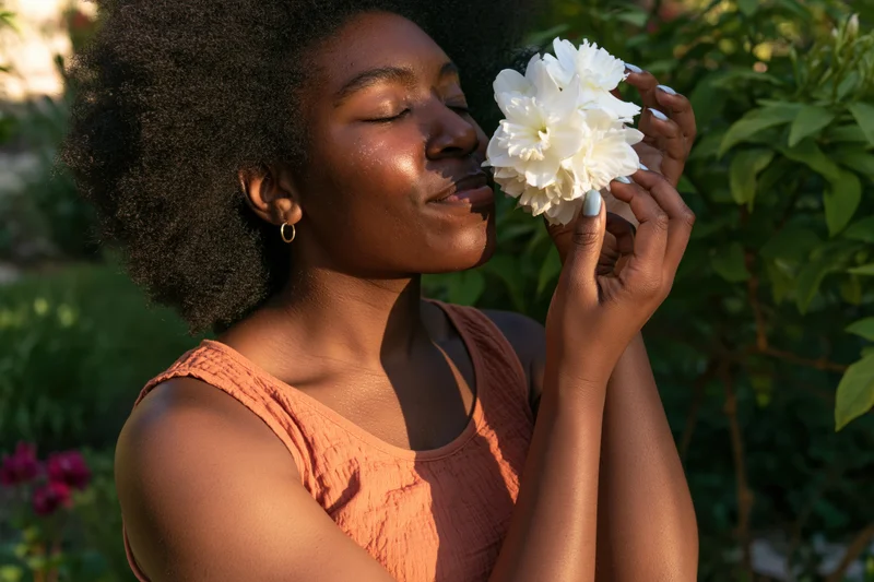 Young black woman smelling white jasmine flower in garden